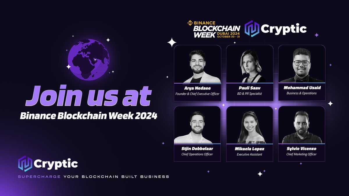 Cryptic_Web3's tweet photo. 🌍 Cryptic Team is heading to Binance Blockchain Week 2024 in Dubai!

Join us as we attend one of the most anticipated blockchain events of the year, happening on October 30-31. This year’s theme focuses on blockchain innovation and the future of Web3. We'll be there to connect with industry leaders, explore the latest trends, and share insights on empowering blockchain businesses.

Stay tuned for live updates, key takeaways, and behind-the-scenes moments from our team!

More informations about the event here: https://t.co/vA9DE25P9c

#BinanceBlockchainWeek #Dubai2024 #CrypticInDubai #Web3