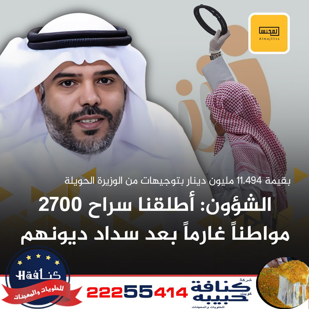 عاجل / وكيل وزارة الشؤون ورئيس لجنة سداد ديون الغارمين د.خالد العجمي يعلن عن إطلاق سراح 2700 مواطناً غارماً بعد سداد ديون بإجمالي 11.494 مليون ديناراً.
• إغلاق 3060 آلاف ملفاً لمواطنين متعثرين في سداد ديون تقل عن 10 آلاف ديناراً.
• 25% من الملفات تتعلق بقضايا الأحوال الشخصية.