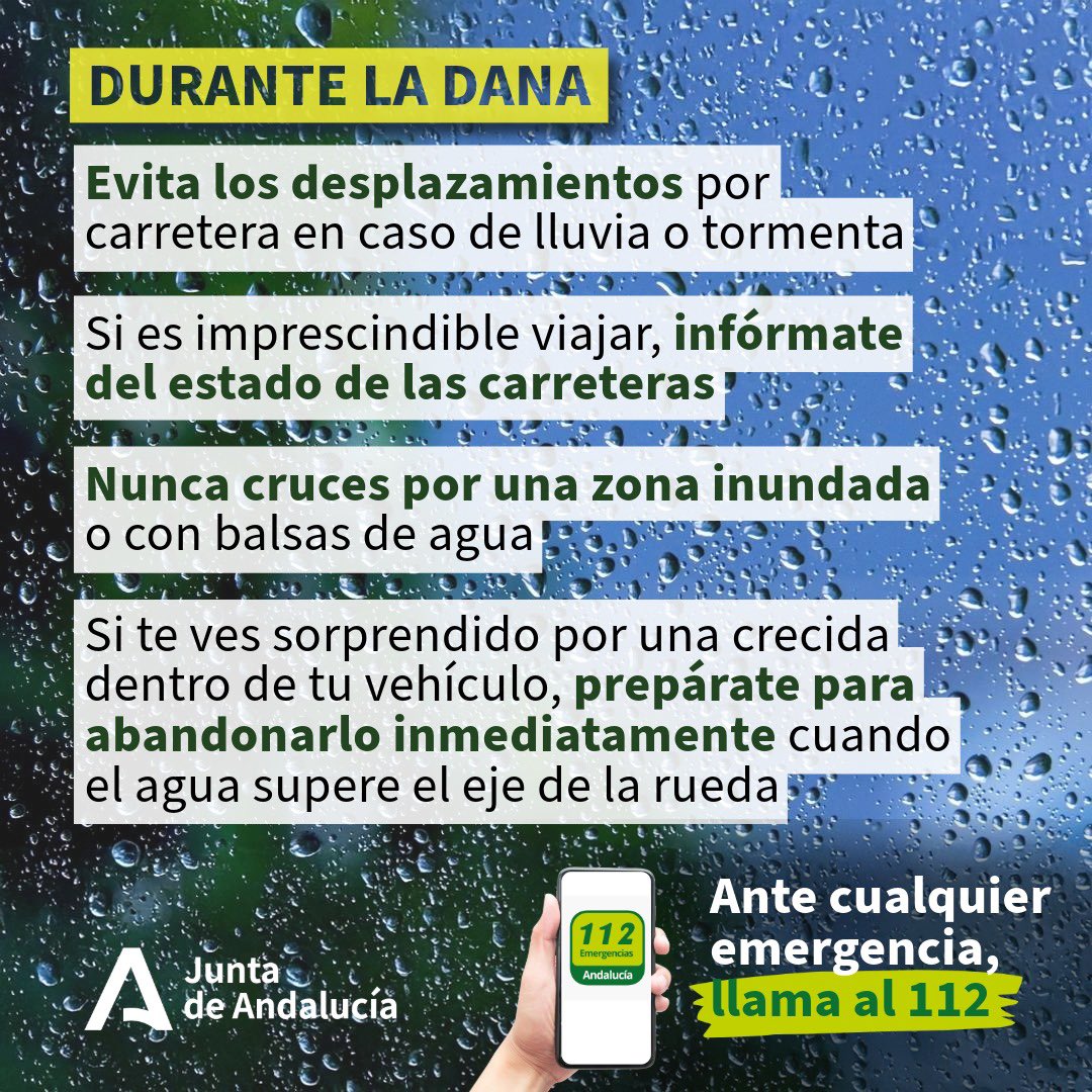 ⚠️ Os dejamos las recomendaciones a tener en cuenta durante la Dana.

🙏🏽Máxima precaución. 

☎️ Ante cualquier emergencia, llama al 112.