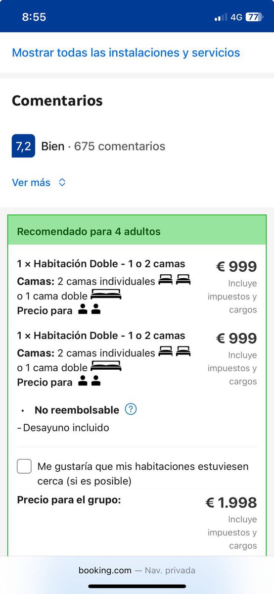 NoaGresiva's tweet image. Como el mercado se regula solo el precio para una habitación por noche ha pasado en minutos de ser 158 euros a 999 euros en Picanya.
¿Vas a permitir este abuso @carlos_mazon_ ?