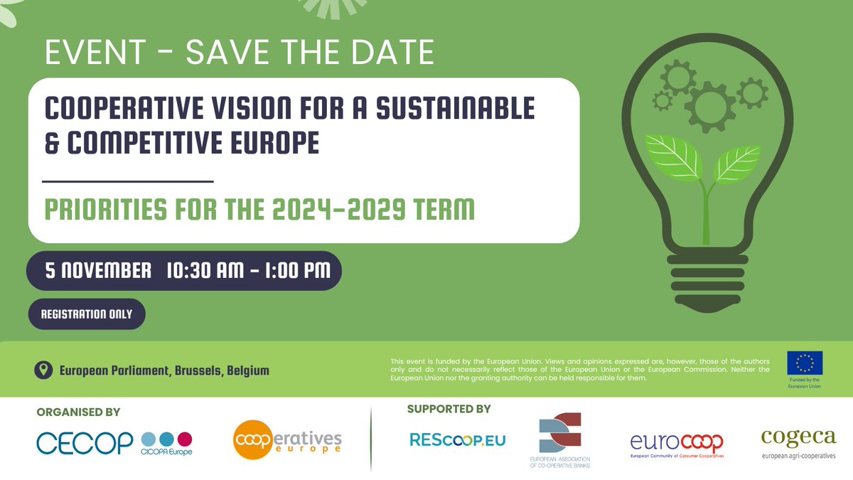- 6⃣ days to our event 

💡On 5 November, cooperatives in industry, service, agri-food and forestry, retail, banking, and renewable energy will gather at <a href="/Europarl_EN/">European Parliament</a> to present their vision.

Check the agenda and register (EP/EC staff only)
👉shorturl.at/ffGlI