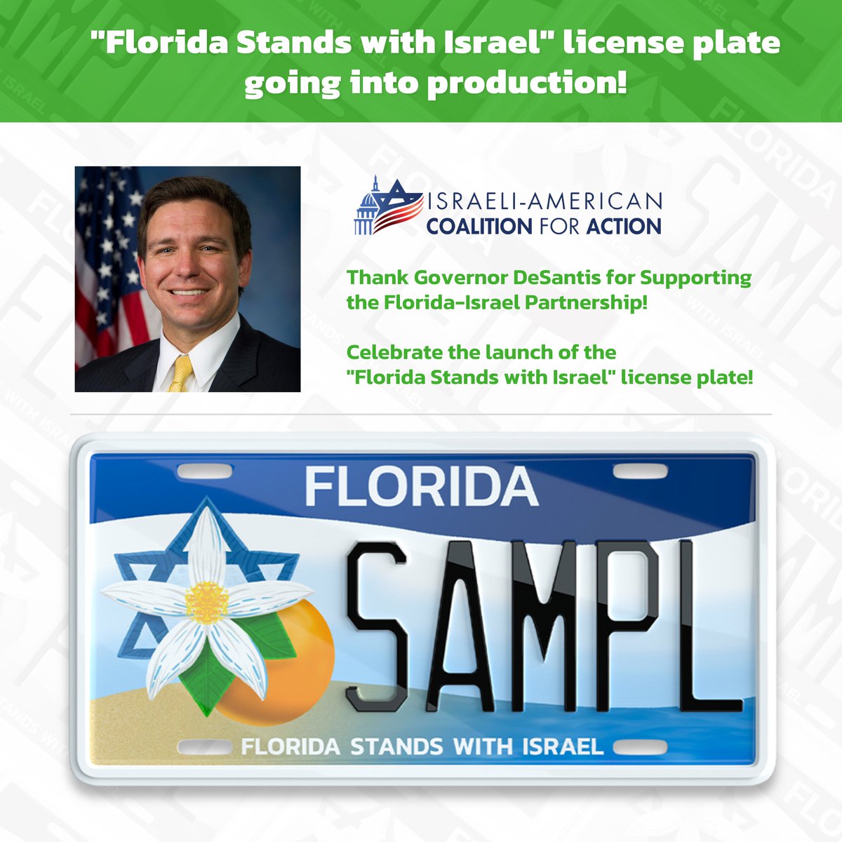 FSWI_'s tweet image. ✍🏼✉️🙏🏻 Please take 1 minute to send a one-click Thank You email to @GovRonDeSantis!

🇮🇱🚙🌴 We are proud to announce that the “Florida Stands with Israel” speciality auto tag has reached the 3,000 pre-order threshold required for its production and distribution!…