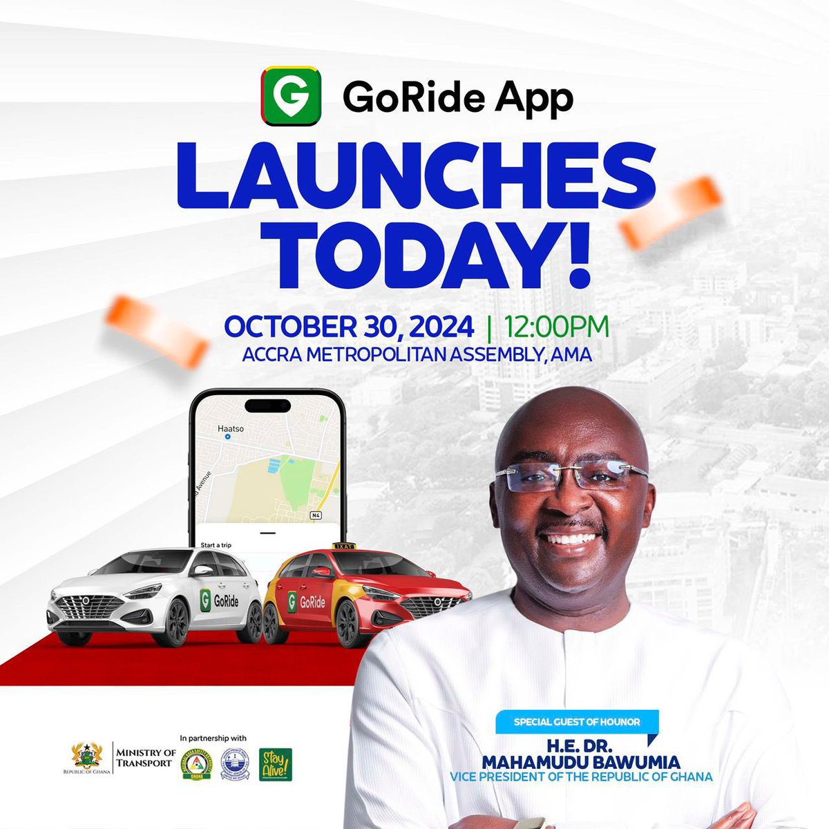 BaronBoateng's tweet photo. The Vice President, His Excellency Dr. Alhaji Mahamudu Bawumia, is set to launch the GoRide App *TODAY*

Date: 30th October 2024
Venue: Accra Metropolitan Assembly
Time: 12:00 PM https://t.co/bYFZSc3hg8