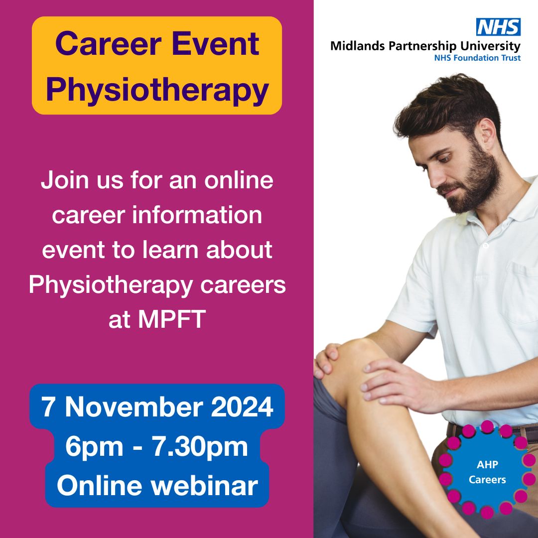 Physiotherapy Virtual Careers and Information Event | 7 Nov | 6 - 7.30pm

Join us on this free online event for an in depth look at the services we provide, allied health career pathways and what it's like to work at MPFT. 

Register at events.teams.microsoft.com/event/87b44813…