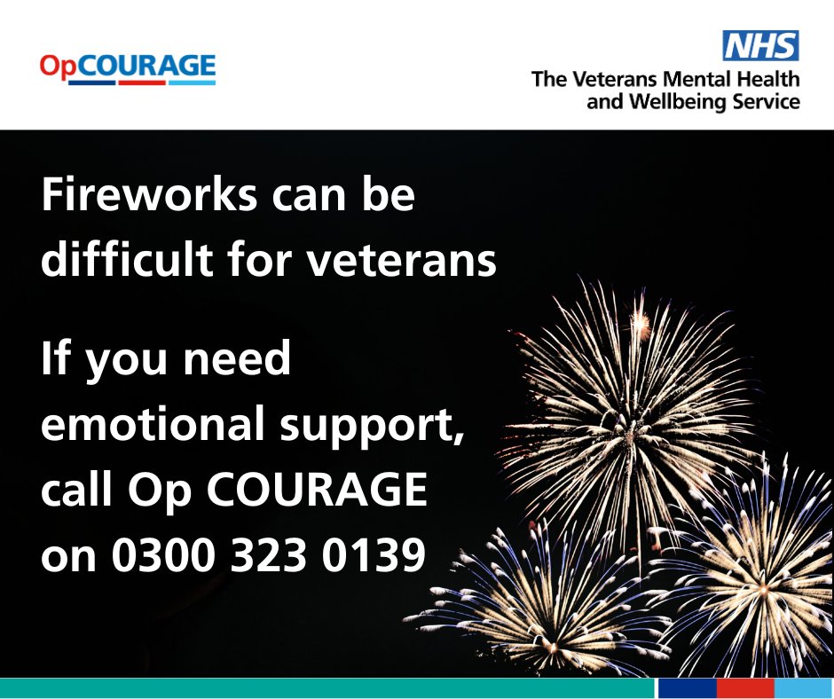 Midlands Op COURAGE (@midsopcourage) on Twitter photo With Diwali and Bonfire Night approaching, please be mindful of the negative impact fireworks can have on veterans and others by following <a href="/HelpForHeroes/">Help for Heroes</a> Firework Heroes Code: bit.ly/3QnTPoA
Veterans needing emotional support can contact Op COURAGE 24/7 on 0300 323 0139 With Diwali and Bonfire Night approaching, please be mindful of the negative impact fireworks can have on veterans and others by following <a href="/HelpForHeroes/">Help for Heroes</a> Firework Heroes Code: bit.ly/3QnTPoA
Veterans needing emotional support can contact Op COURAGE 24/7 on 0300 323 0139