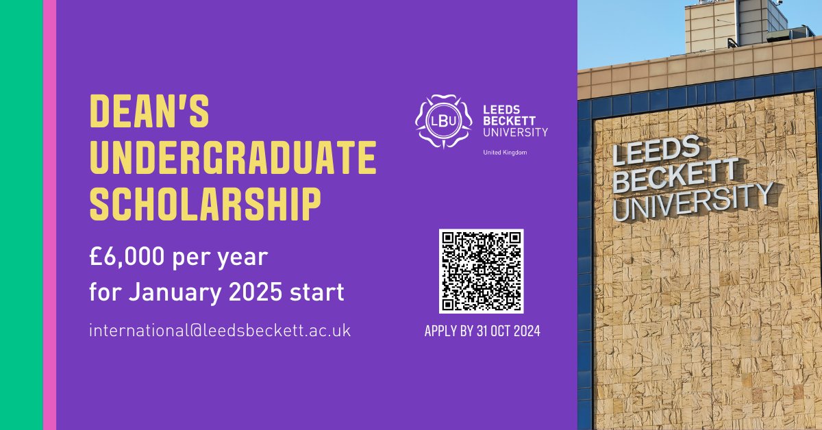 The application deadline for the Dean's Undergraduate Scholarship for students starting in January 2025 is fast approaching. Applications close tomorrow 31 October 2024.
Visit our page for more information on the application process:
leedsbeckett.ac.uk/international-…