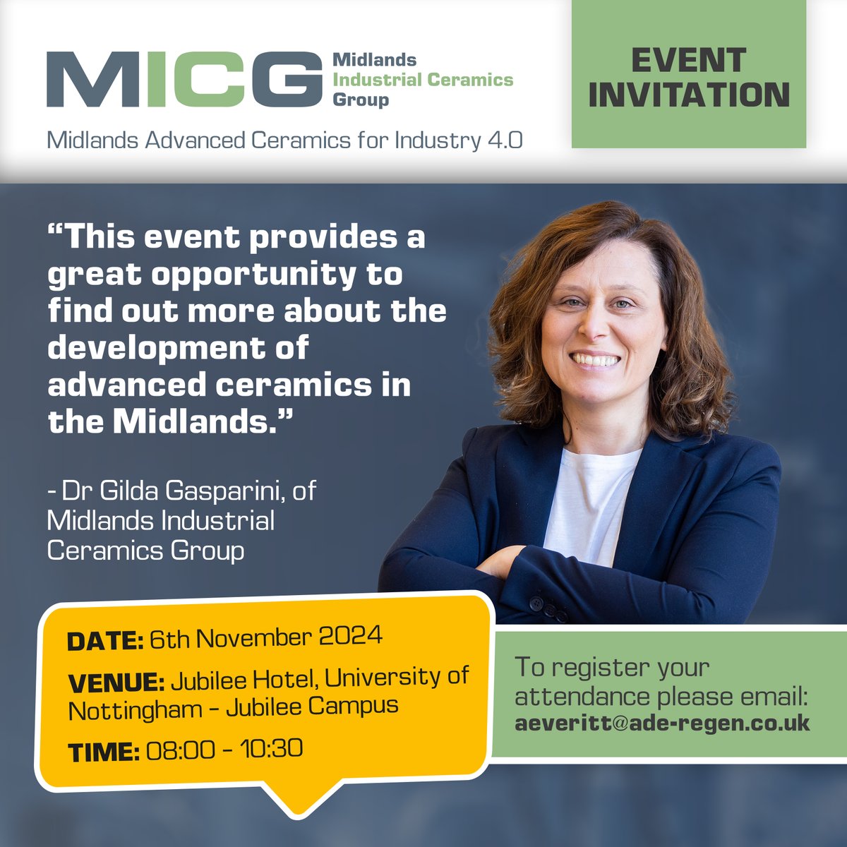 Academics looking at the research being undertaken by MICG can attend a morning session held at the University of Nottingham’s Jubilee Campus on November 6, which will share insights into the development of advanced ceramics in the Midlands. 

micg.org.uk/event-sets-out…