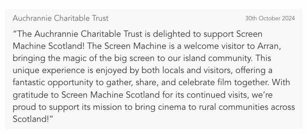 screen_machine's tweet photo. We are delighted to have received a generous donation of Β£1,000 from the @auchrannie Charitable Trust. A huge boost in our fundraising efforts to buy a new Screen Machine. Thank you!
For more details please visit https://t.co/njG7LaFpJQ
Don't wait to donate!
#saveourscreenmachine https://t.co/HWVlMEwdPz