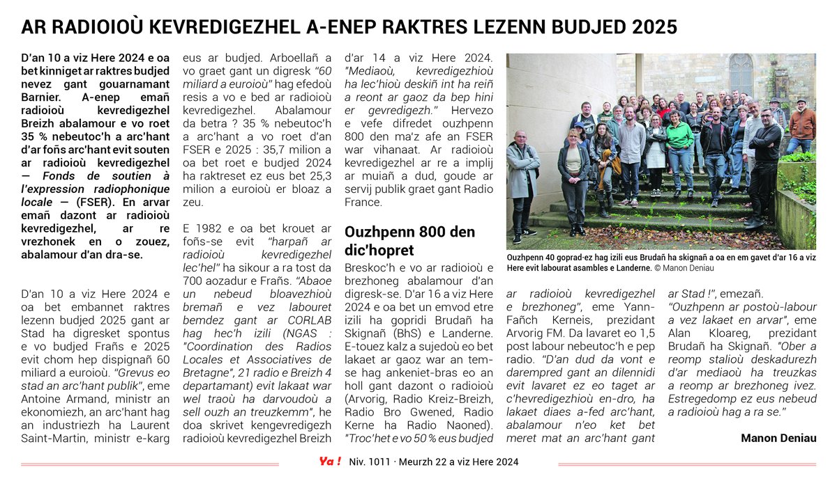🗞️ "Ar radioioù kevredigezhel a-enep raktres lezenn budjed 2025".
Ur pennad da lenn er gazetenn Ya!. 👇 Trugarez da Manon Deniau evit ar pennad.

<a href="/RadioNaoned/">Radio Naoned</a> RKB @RADIOKERNE <a href="/RBroGwened/">Radio Bro Gwened</a> @ArvorigFM