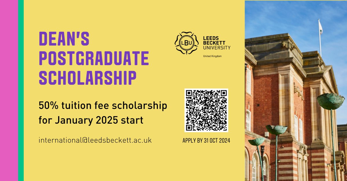The application deadline for the Dean's Postgraduate Scholarship for students starting in January 2025 is fast approaching. Applications close tomorrow 31 October 2024.
Visit our page for more information on the application process:
leedsbeckett.ac.uk/international-…