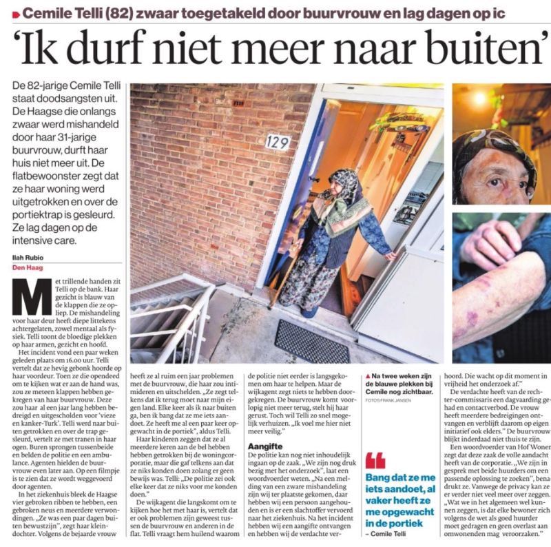 Wat een laffe daad om een vrouw op leeftijd zo toe te takelen. Als er sprake is van racisme/moslimhaat, maakt dat het nog triester. Hopelijk komt mevrouw er snel bovenop en wordt de dader berecht en gestraft.