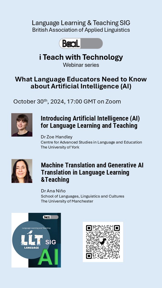 lltsigbaal's tweet photo. 🎯We are looking forward to the first #LLTSIG @__BAAL webinar of the "i teach with technology" series TODAY at 17:00 GMT with @zooloo79 and @anamnino!!
✍️You can register for any session here: https://t.co/NZPBjF17Jc
#AI #LanguageLearning #Machinetranslation #AppliedLinguistics https://t.co/UbFm4Aq3UF