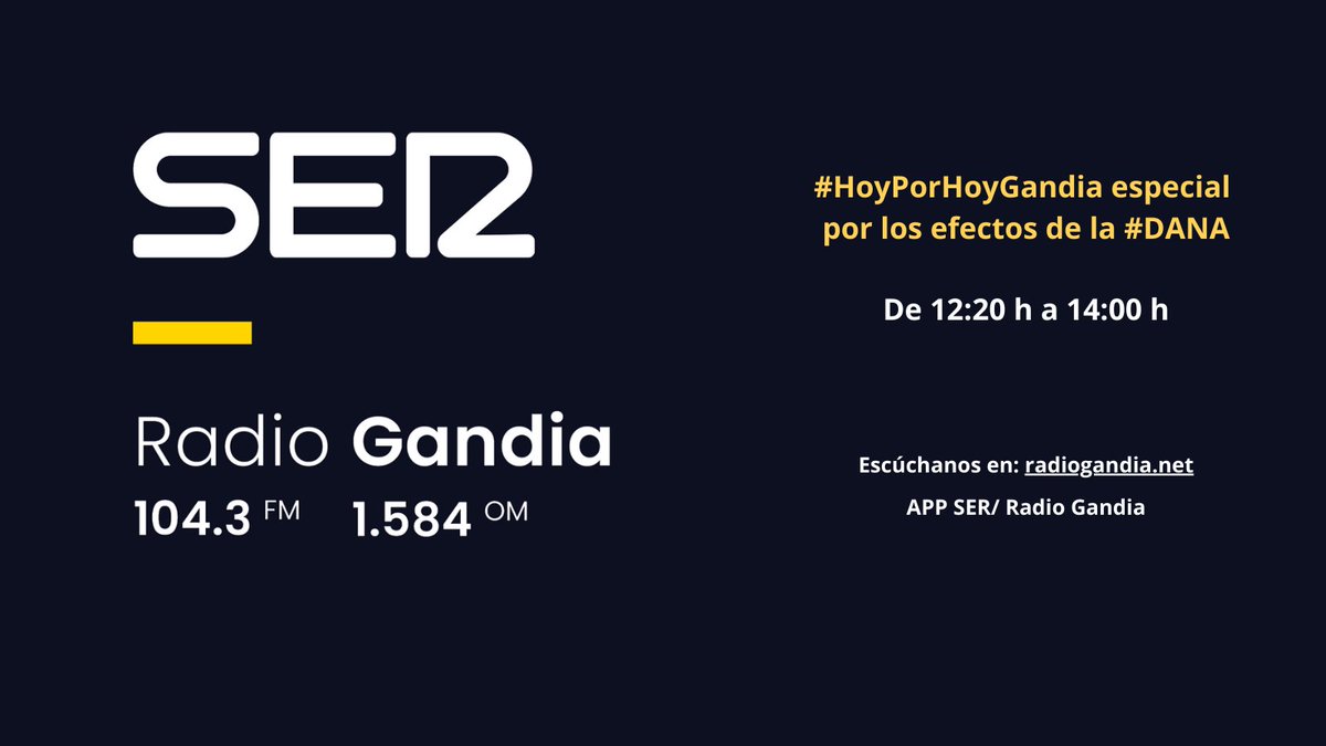 radiogandia's tweet photo. #HoyPorHoyGandia especial por los efectos de la #DANA

📻De 12:20 h a 14:00 h con @DanielArdidLuna

Escúchanos desde: 
🎙️ 104.3 FM y 1584 OM  
👉https://t.co/mAQvRAxs1K 
📲APP iOS https://t.co/2uhiILahSo 
📲APP Android https://t.co/xZTl6LFjvW