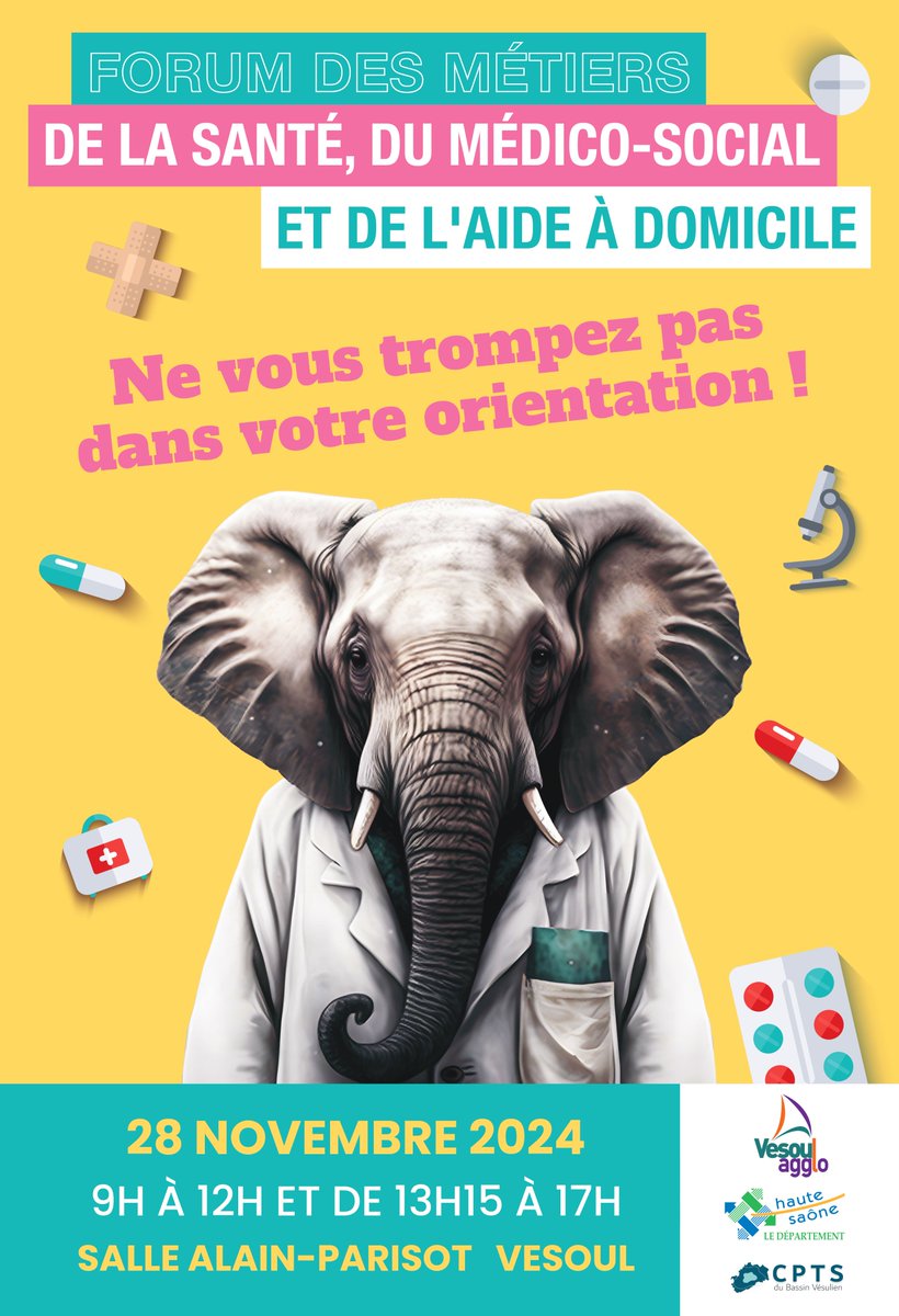 vesoul_and_co's tweet photo. FORUM DES MÉTIERS DE LA SANTÉ 🥼💊 Envie d'explorer les métiers de la santé ? L'Agglo et la Communauté Professionnelle Territoriale de Santé (CPTS) vous invitent à échanger avec des professionnels de santé le temps d'une journée. 🗓 28 novembre 2024 📍 Salle Alain-Parisot https://t.co/Po2cCi8iRd