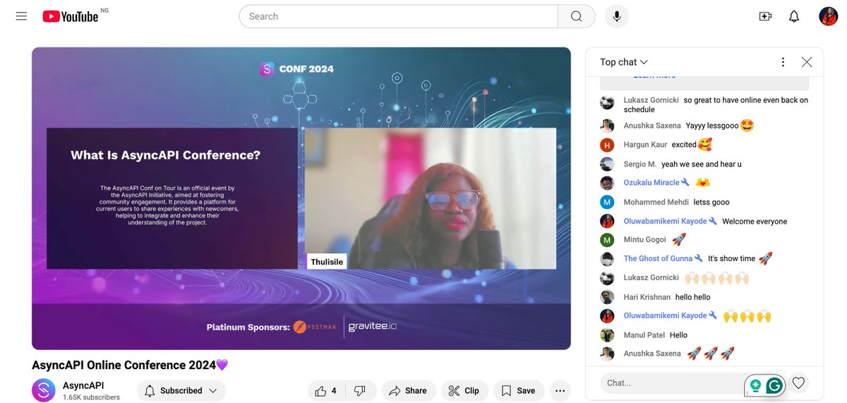 AsyncAPISpec's tweet photo. We are live 🚀 🚀 🚀 

You can join us live on YouTube: https://t.co/Lu6gUm1mjh 
Our community manager, @thulieblack, is giving the opening speech. Are you ready for us???

#asyncapiconf #AsyncAPIConf2024 #opensource https://t.co/5WotPFBU9j