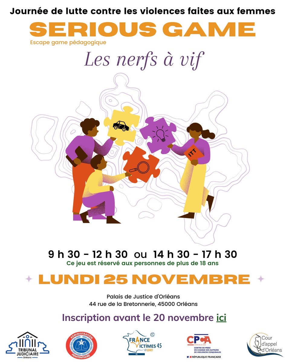 ProcOrleans's tweet photo. Envie de devenir acteur de la Justice ? 
Venez mener l'enquête au palais de Justice d'Orléans lors d'un serious game le 25 novembre

Inscription : https://t.co/NFo0w8JSqo

#Journéedeluttecontrelesviolencesfaitesauxfemmes
#EscapeGame
#SPIP
@FranceVictimes https://t.co/1J4k6gQAHK