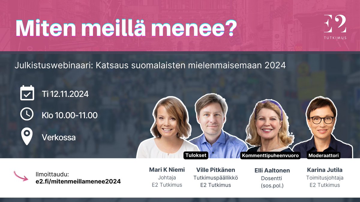 ☝️E2 Tutkimuksella on jälleen sormi suomalaisten pulssilla. Julkaisemme pian #mitenmeillämenee2024 - katsauksen, josta selviää mm. mitä suomalaisille kuuluu, millaiset voimavarat heillä on nyt ja mitä ajatellaan esimerkiksi kansalaistottelemattomuudesta.

📅📲Ilmoittaudu