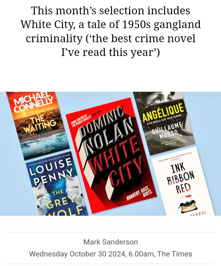 From The Times of London:

"WHITE CITY is the best crime novel I’ve read this year."

"Nolan’s follow-up to Vine Street is both a celebration and excoriation of gangster chic...[a] Dexedrine-fuelled descent into hell—full of heartbreak and wry comedy."

thetimes.com/culture/books/…