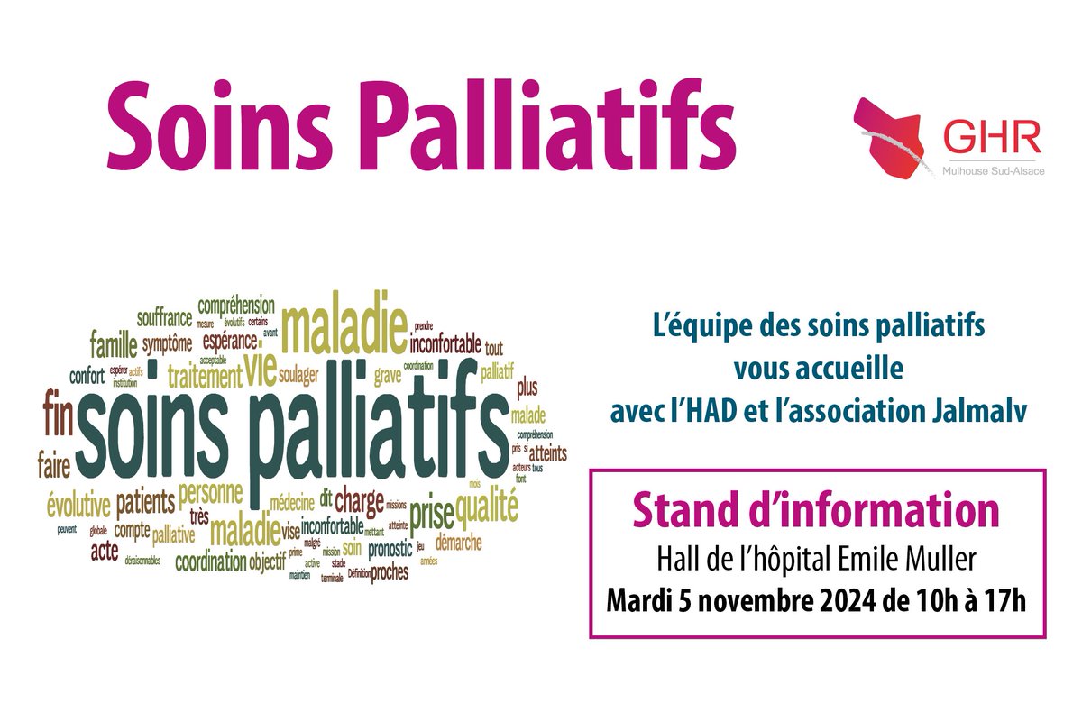 L'équipe des soins palliatifs du #GHRMSA en partenariat avec l'HAD Sud Alsace et l'association JALMALV tiendra un stand d'information sur la prise en charge palliative chez les personnes en fin de vie, à l’#hôpital ou à domicile ℹ
📅 Mardi 5/11, de 10h à 17h
📍Hôpital E.Muller