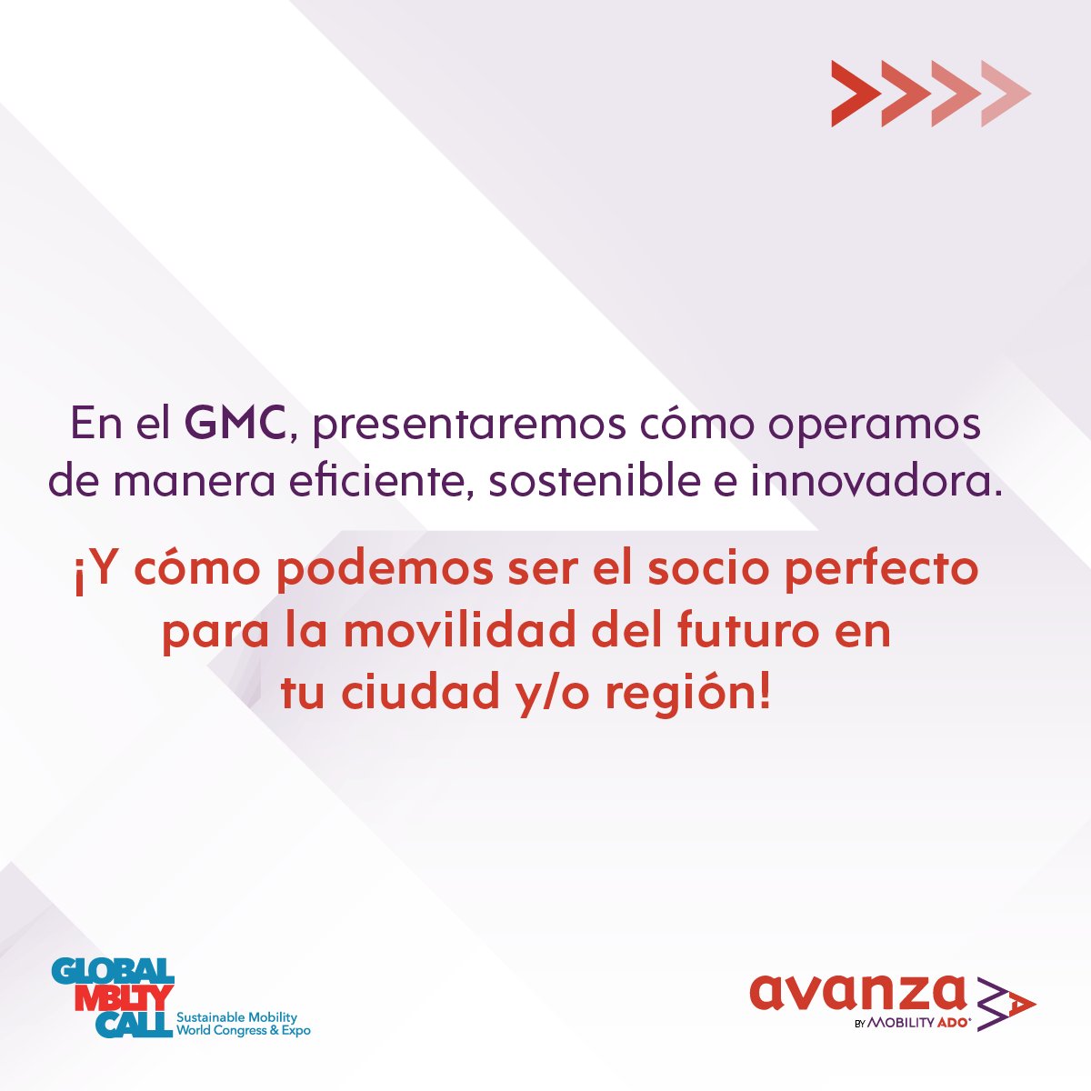 ¡Nos vemos en el Global Mobility Call 2024🌍!Del 19 al 21 de noviembre en Madrid, los principales expertos en movilidad, debatirán sobre cómo transformar el transporte público hacia un modelo más sostenible🚍🌱.Desde Avanza, te mostraremos nuestra visión y compromiso. ¡No faltes!