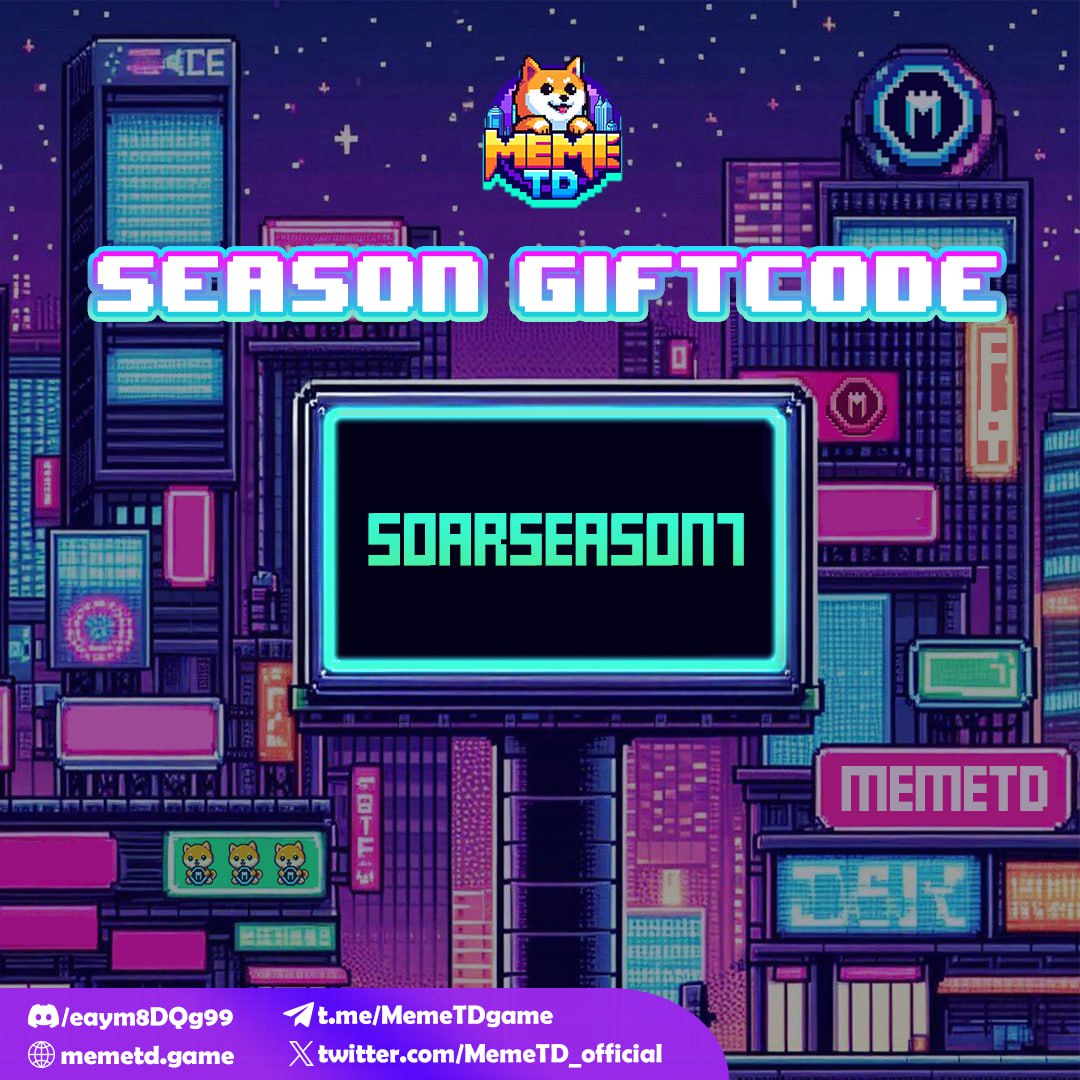 🎁 MEMETD SEASON GIFTCODE 🎁 

💎 This season’s code is SOARSEASON7
(Expiry date: October 30 to November 30)

👉 To redeem, simply go to the Settings in-game and enter the code.

🔥Plus, there’s an exciting minigame! 
Let's 💖 and Retweet this post⚡️LEADERBOARD SEASON 7: