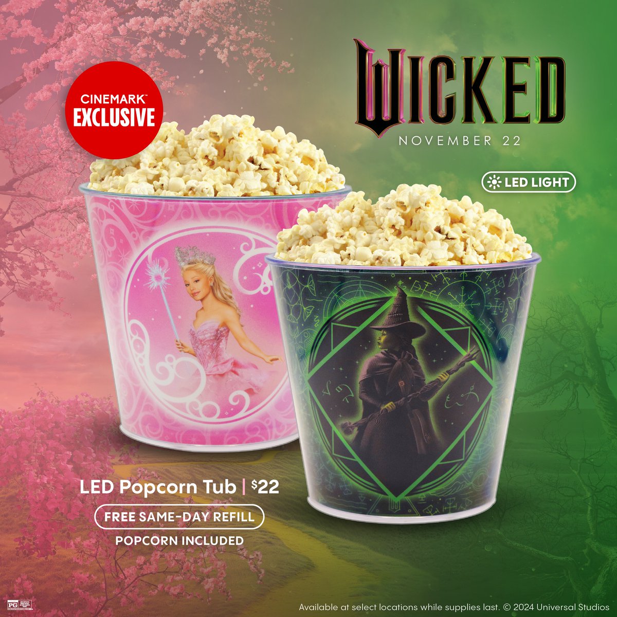 Our final #WickedMovie merch drop = our ✨EXCLUSIVE✨ light-up popcorn tub🍿🤩

Available in theatres starting this weekend!