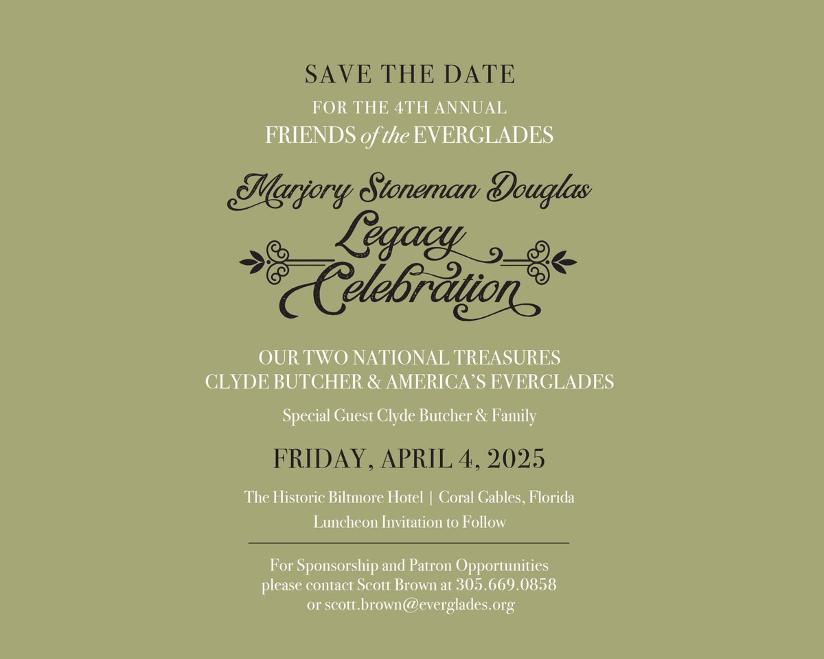Friends of the Everglades (@foeverglades) on Twitter photo We are thrilled to announce that the iconic Everglades photographer <a href="/ClydeButcher/">Clyde Butcher Photography</a> will be the keynote speaker at our fourth annual Marjory Stoneman Douglas Legacy Celebration at the Historic Biltmore Hotel on April 4, 2025!
Stay tuned for more details on how you can attend! We are thrilled to announce that the iconic Everglades photographer <a href="/ClydeButcher/">Clyde Butcher Photography</a> will be the keynote speaker at our fourth annual Marjory Stoneman Douglas Legacy Celebration at the Historic Biltmore Hotel on April 4, 2025!
Stay tuned for more details on how you can attend!