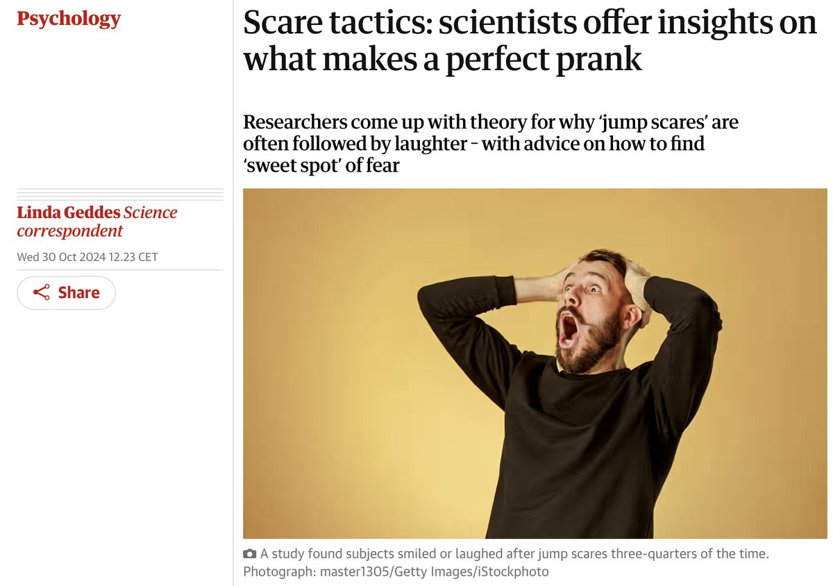 Why do people enjoy scaring others for fun? Why do people often laugh after jump scares? Why do children find peek-a-boo so funny?

In honour of Halloween, <a href="/guardian/">The Guardian</a> has covered our recent paper on the cognitive intersections of humor and fear:
theguardian.com/science/2024/o…