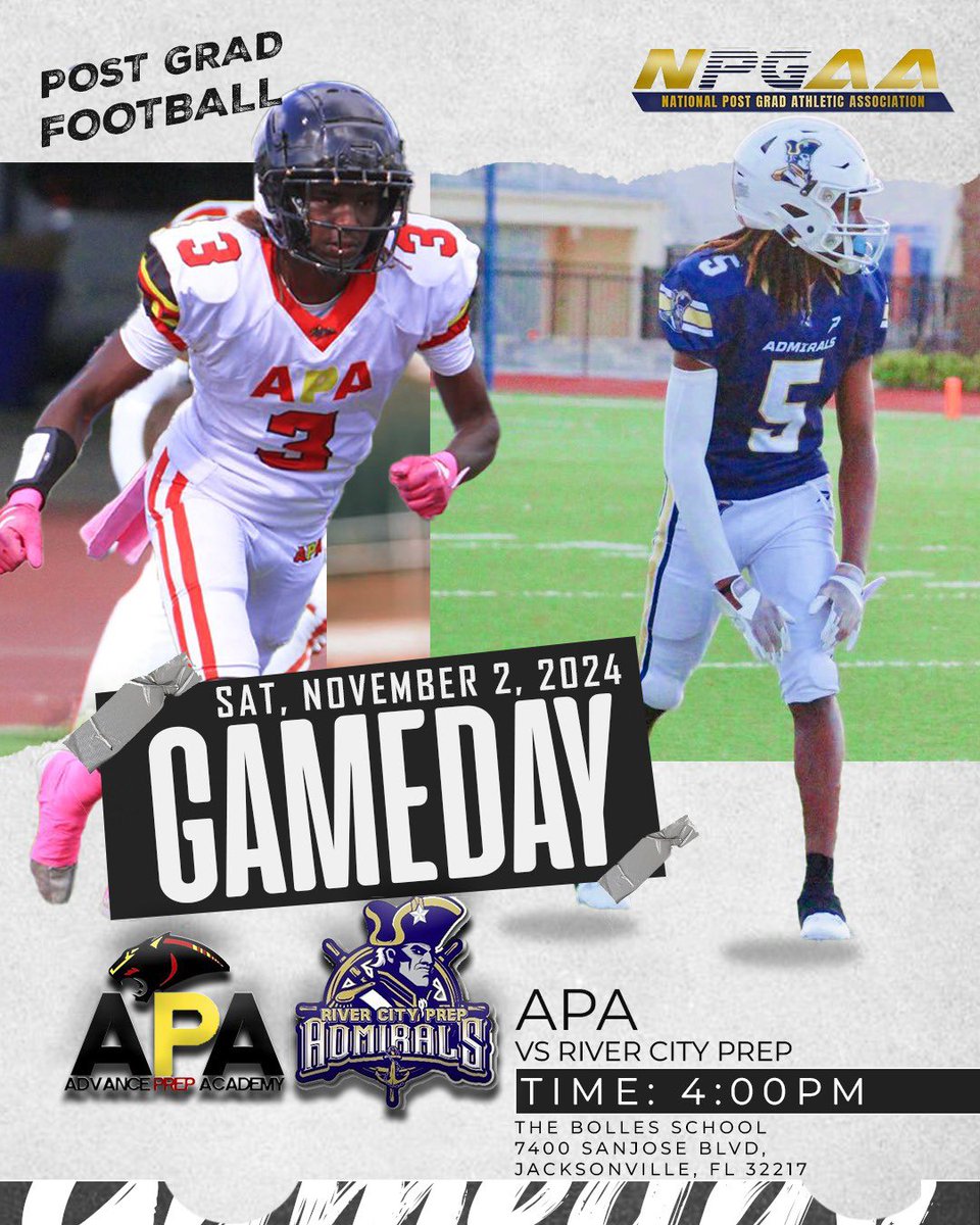 The seasonal finale, the battle for playoff seeding. 

APA Post Grad vs River City Prep 

🗓️ November 2, 2024

🕖 Kickoff: 4:00

📍 THE BOLLES SCHOOL
7400 SANJOSE BLVD,
Jacksonville, FL 32217

<a href="/TheNPGAA/">National Post Grad Athletic Association</a> <a href="/PostGradRecruit/">PostGradRecruits INC.</a> <a href="/RiverCityPrepFB/">River City Post-Grad Football</a> <a href="/AdvancePrepPG/">Advance Prep Academy</a>
