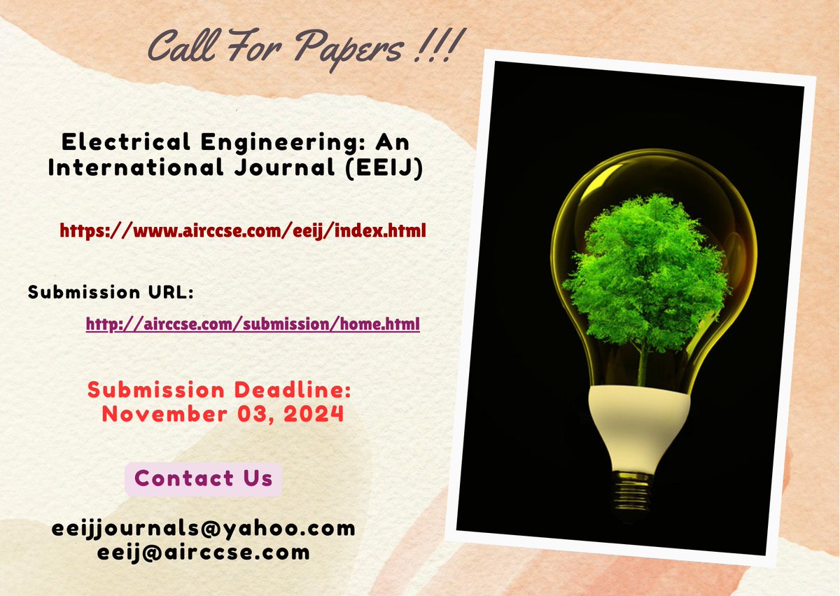 hugo22030153392's tweet image. #powersystems  #digitalcircuitdesign  #electromagnetics  #artificialintelligence  
Call For Papers...!!!
airccse.com/eeij/index.html
Submission  URL:airccse.com/submission/hom…
Contact Us : eeij@airccse.com