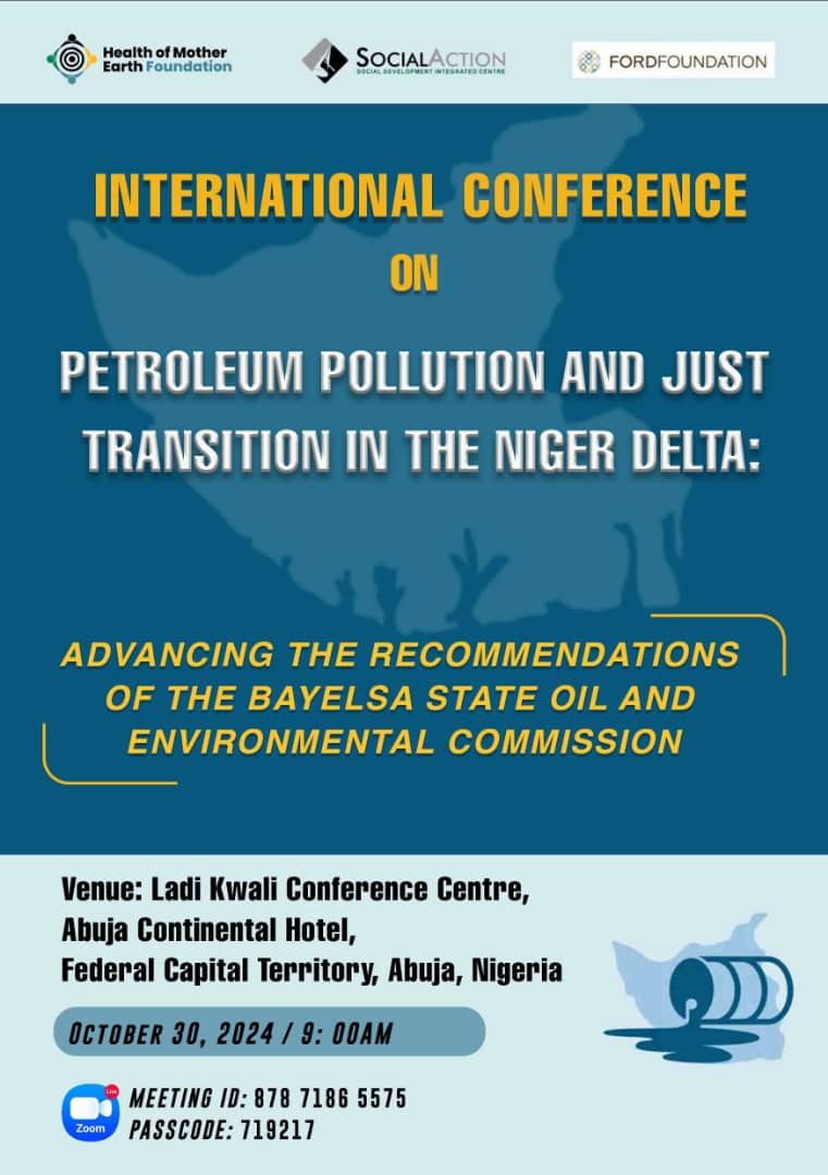 Health of Mother Earth (@ecohomef) on Twitter photo Join the ongoing international conference on petroleum pollution and just transition in the Niger Delta. us02web.zoom.us/j/87871865575?…
<a href="/BSOECommission/">Bayelsa State Oil and Environmental Commission</a> <a href="/SocialActionNg/">Social Action</a> <a href="/kebetkachewomen/">KEBETKACHE WOMEN</a> <a href="/FordFoundation/">Ford Foundation</a> <a href="/CappaAfrica/">CAPPA Africa</a> <a href="/oilwatchafrica1/">oilwatchafrica</a> <a href="/wtpnigeria/">We The People</a> Join the ongoing international conference on petroleum pollution and just transition in the Niger Delta. us02web.zoom.us/j/87871865575?…
<a href="/BSOECommission/">Bayelsa State Oil and Environmental Commission</a> <a href="/SocialActionNg/">Social Action</a> <a href="/kebetkachewomen/">KEBETKACHE WOMEN</a> <a href="/FordFoundation/">Ford Foundation</a> <a href="/CappaAfrica/">CAPPA Africa</a> <a href="/oilwatchafrica1/">oilwatchafrica</a> <a href="/wtpnigeria/">We The People</a>