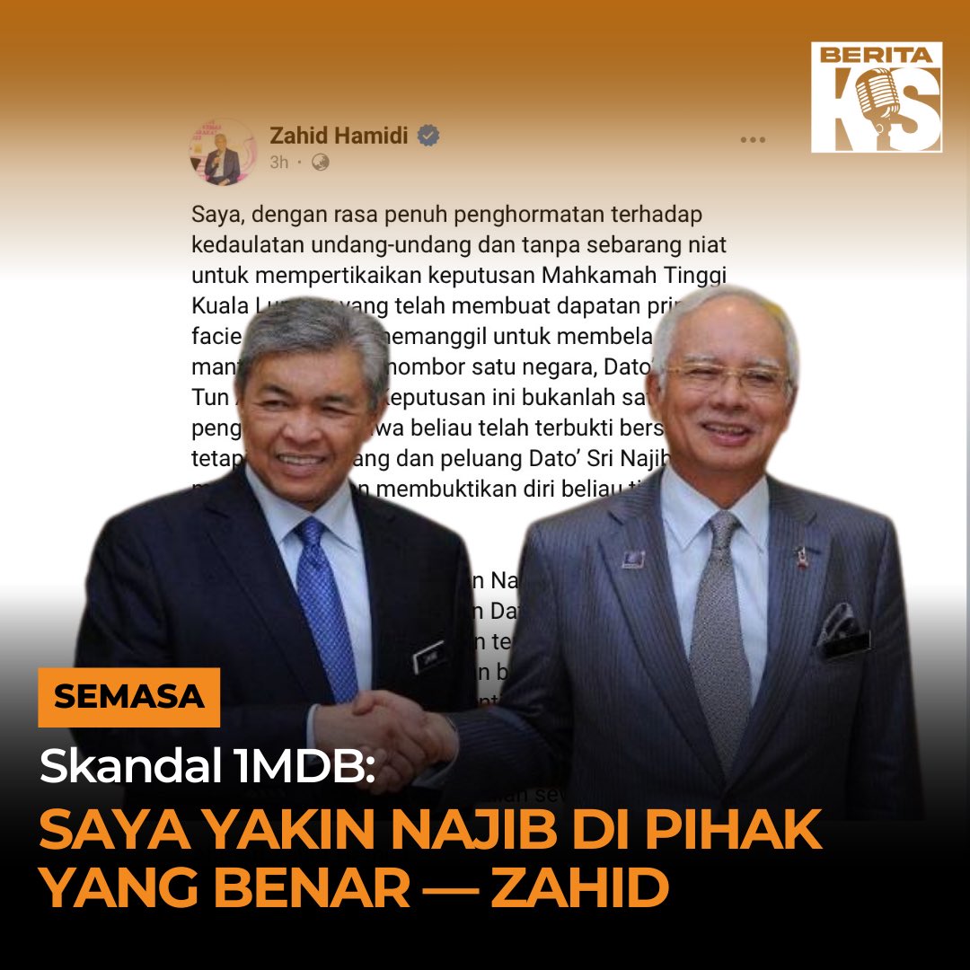 KENYATAAN PENUH ZAHID HAMIDI BERKENAAN KEPUTUSAN MAHKAMAH TINGGI PAGI TADI 

Saya, dengan rasa penuh penghormatan terhadap kedaulatan undang-undang dan tanpa sebarang niat untuk mempertikaikan keputusan Mahkamah Tinggi Kuala Lumpur yang telah membuat dapatan prima facie