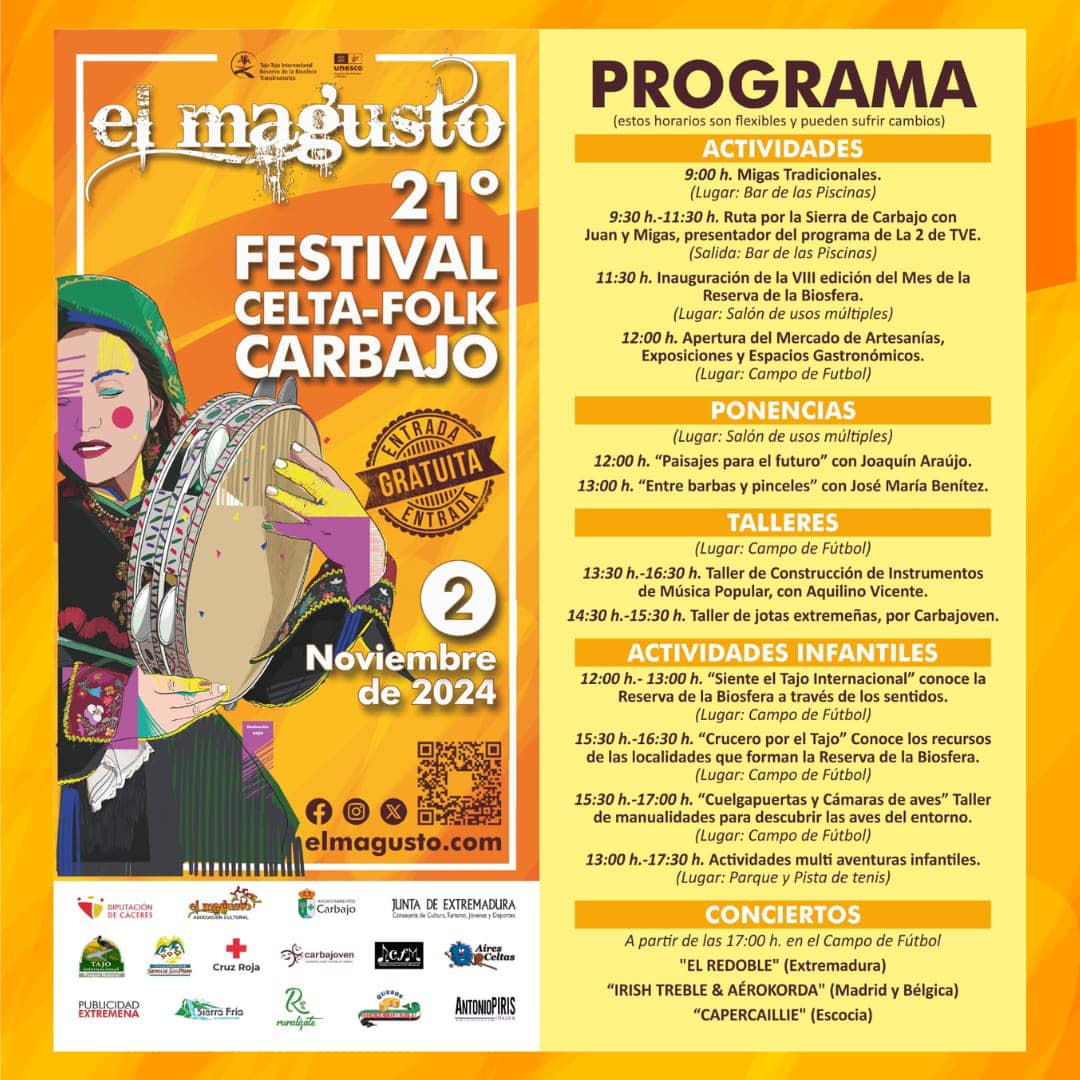Festival Celta-Folk <a href="/ElMagustoFest/">Festival El Magusto</a> 

📆 Sábado 2 de noviembre de 2024
📍   #Carbajo
ℹ️ Más info en elmagusto.com

Cáceres, #livinglavidarelax
<a href="/DiputacionCC/">DiputacionCC</a> 
<a href="/TaejoInterRB/">Taejo Internacional</a> 
#AyuntamientodeCarbajo
