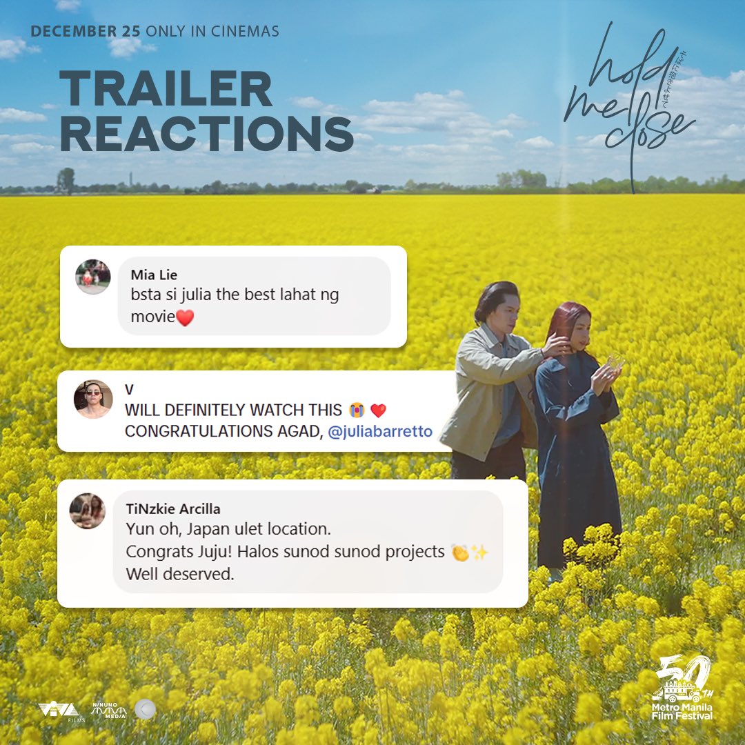 VIVA_Films's tweet photo. Basta #JuliaBarretto, may kurot sa puso! Get ready to have your hearts melted with ‘Hold Me Close’.

#HoldMeClose is an official entry to the 50th Metro Manila Film Festival 2024. 

December 25 Only In Cinemas.

#CarloAquino
#MMFF2024 #MMFF50 https://t.co/FkDwDz9r8S