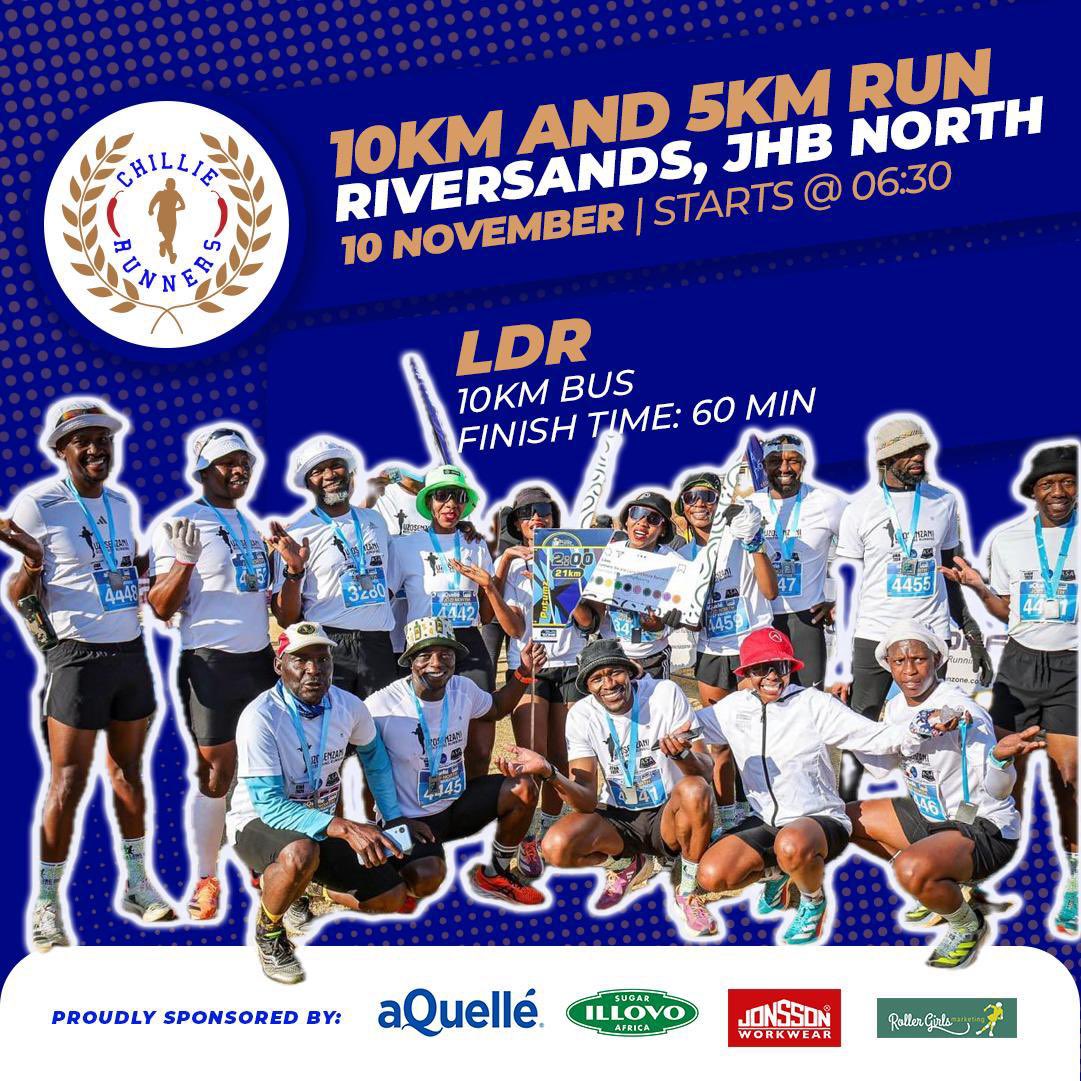 ChillieRunners's tweet photo. 🚨BUS ALERT🚨

Introducing @ldr_runners as the official sub 60 mega bus. You are guaranteed to reach your target whilst having fun on this bus. Gibela ibus le, bazokwenzani?! 🤷🏾🌶️

Click link the link in our bio to enter.

#chillierunners10km 
#uyababapelepele
#lifestylechoices https://t.co/dXa9JyaTWP