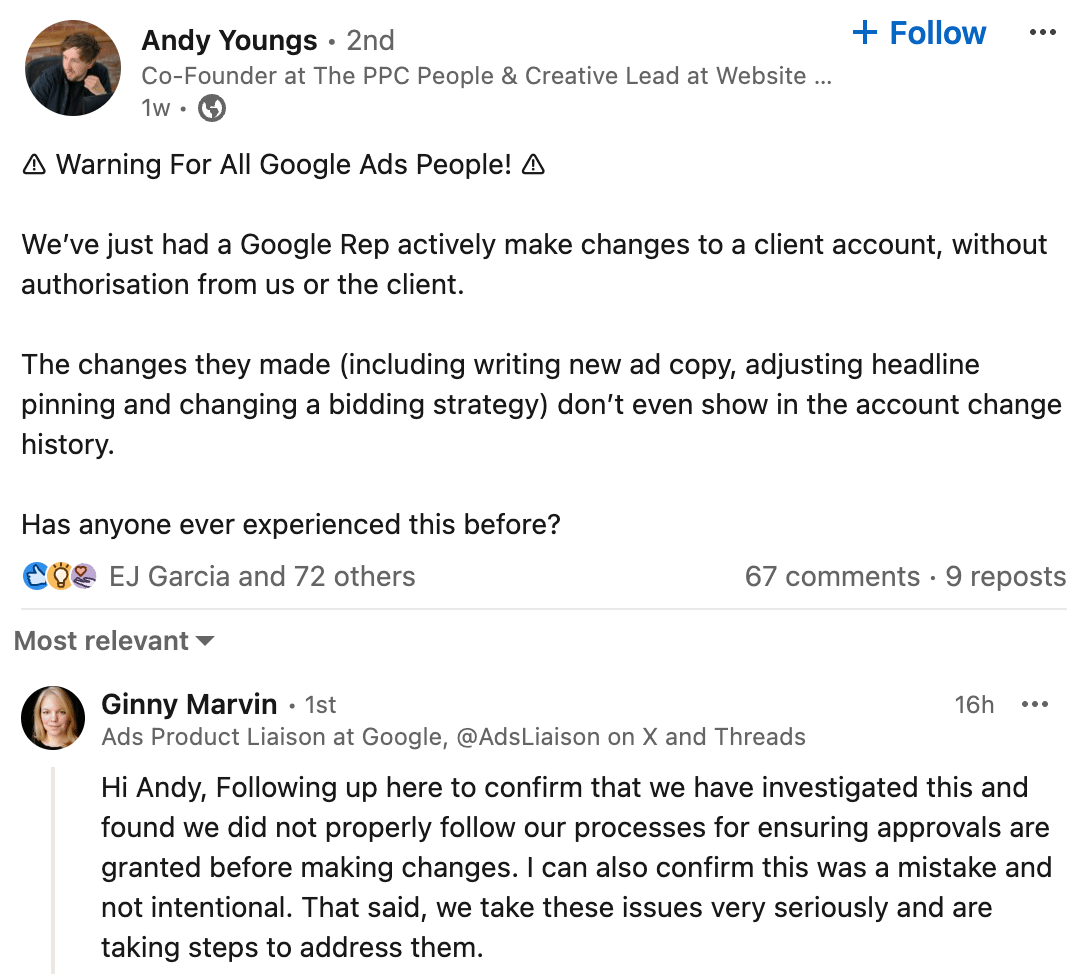 ICYMI: Google confirmed a Google ad rep made unauthorized changes to a Google ads account seroundtable.com/google-ad-rep-…