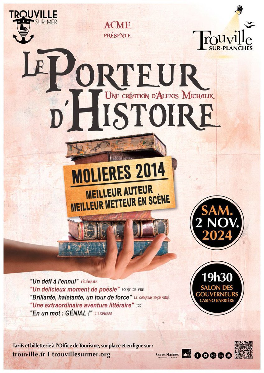 Rendez-vous ce samedi, à 19h30, pour la pièce de théâtre « Le Porteur d'Histoire », d’Alexis Michalik. 😃

ℹ️ Réservation auprès de l’Office de Tourisme de Trouville-sur-Mer ou en ligne : bit.ly/TrouvilleSurPl…
