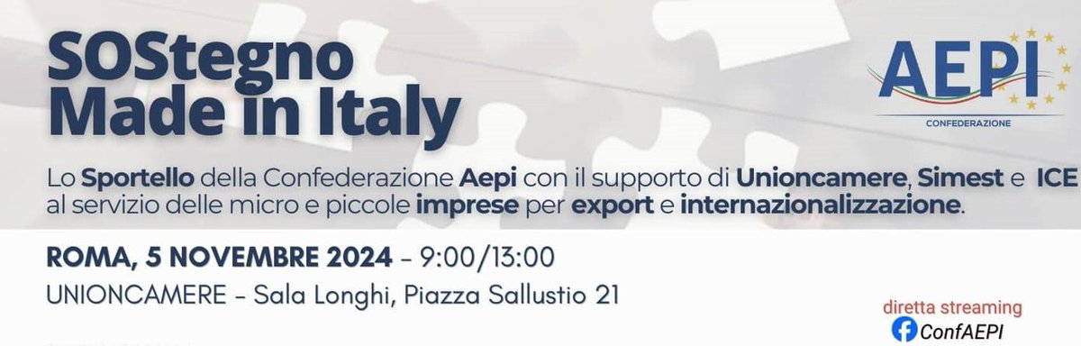 Martedì 5 novembre a #Unioncamere “SOSTegno #MadeinItaly”, dedicato alle micro e piccole imprese italiane che desiderano conquistare i mercati esteri. Organizzato da <a href="/Conf_AEPI/">Confederazione AEPI</a>  con il supporto di Unioncamere, <a href="/SIMEST_IT/">SIMEST</a>  e <a href="/ITAtradeagency/">Italian Trade Agency</a> bit.ly/4hniiqX #export