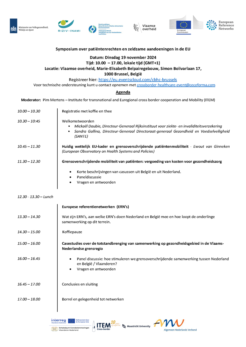 📢 Join us for the Symposium on Patient Rights &amp; Rare Diseases in the EU!

On November 19th leading experts gather in Brussels to explore how cross-border cooperation between the Netherlands and Flanders can enhance patient care.

Find the eventpage here: crossborderitem.eu/en/events/symp…