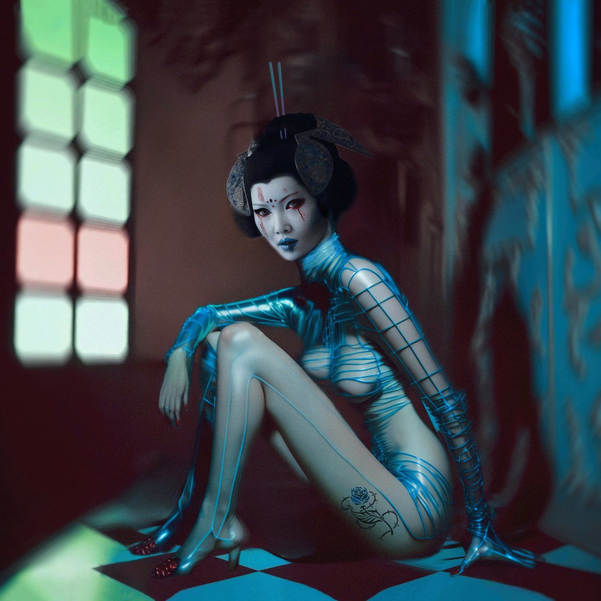 <a href="/beautyandpunk/">B</a> Lovely day B ☕️✨#beautyandpunkcollection 
“Katsuku” 
1/1 ~ 0.055 $ETH (Ai minted in 2022) 

Katsuku, is a modern Geisha in Tokyo. The tradition is still alive but Katsuko is tired and hides by sitting in the corner with the bright lights hitting her face. She’s reflecting on