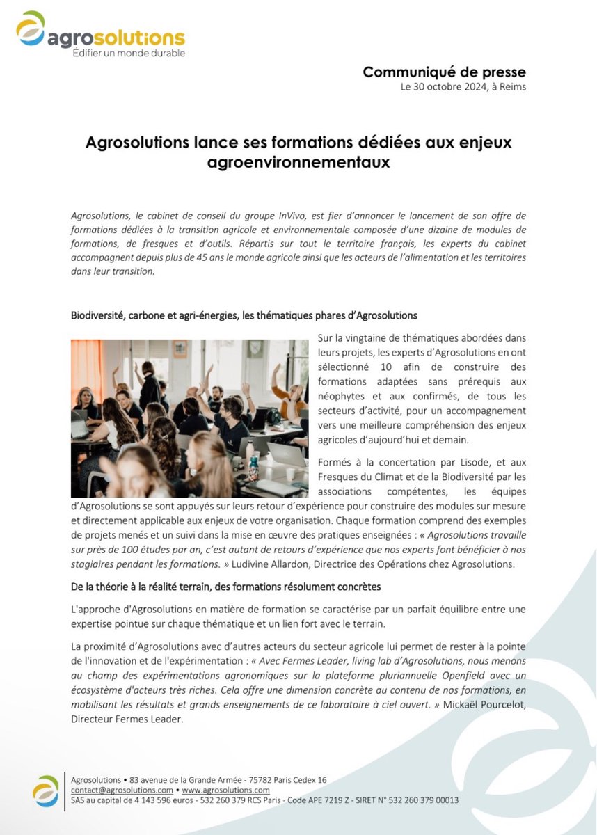 agrosolutions's tweet image. 📢 [Communiqué de presse] #Agrosolutions, cabinet de conseil @InVivoGroup, lance son offre de #formations dédiées à la transition agricole et environnementale composée d’une dizaine de modules de formations, de fresques et d’outils. 
Pour en savoir ➕ sur nos formations cliquez…