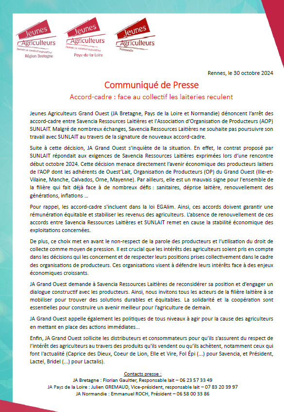 JApaysdelaloire's tweet photo. 📢 Une situation inquiétante pour les producteurs de lait. Savencia stoppe les accords-cadres avec SUNLAIT, menaçant la stabilité des producteurs laitiers du Grand Ouest. Retrouvez le CP de JA Grand Ouest ( Bretagne, Normandie, Pays-de-la-Loire) ! @JeunesAgri #Savencia #sunlait https://t.co/J92USkJHpG