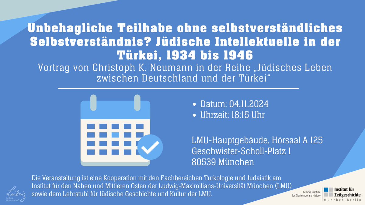 In unserer Vortragsreihe „Jüdisches Leben zwischen Deutschland und der Türkei“ spricht am 4.11. an der <a href="/LMU_Muenchen/">Universität München</a> Christoph K. Neumann vom <a href="/oiistanbul/">Orient-Institut Istanbul</a> über jüdische Intellektuelle in der Türkei: ifz-muenchen.de/veranstaltunge…