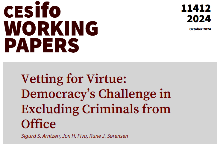 CESifo (@cesifonetwork) on Twitter photo Vetting for Virtue: Democracy’s Challenge in Excluding Criminals from Office |<a href="/siggi_econ/">Sigurd S. Arntzen</a> Jon H. Fiva, Rune J. Sørensen
#econtwitter cesifo.org/en/publication… Vetting for Virtue: Democracy’s Challenge in Excluding Criminals from Office |<a href="/siggi_econ/">Sigurd S. Arntzen</a> Jon H. Fiva, Rune J. Sørensen
#econtwitter cesifo.org/en/publication…