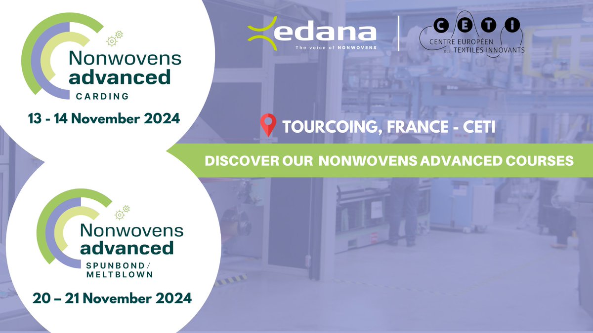 EdanaNonwovens's tweet image. Elevate your expertise in nonwovens with our #Nonwovens Advanced Courses held in co-operation with #CETI.

Learn more about the courses: 
Nonwovens advanced Carding: zurl.co/kVFp 
Nonwovens advanced Spunbond/Meltblown: zurl.co/Fe47 

#AdvancedTraining #EDANA