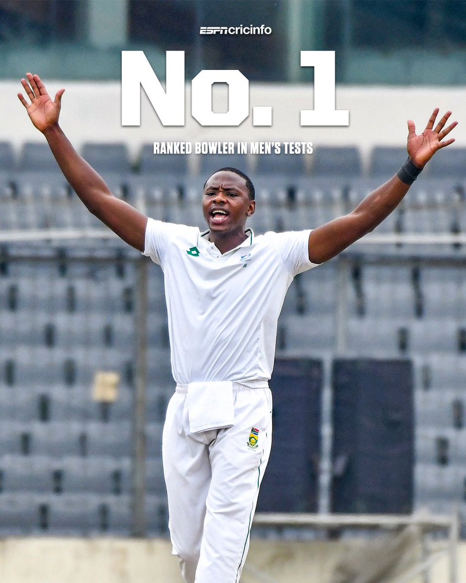 cricinfo's tweet photo. For the first time since 2019, Kagiso Rabada becomes the top-ranked bowler in men's Tests 🌟🥇

The 🇿🇦 pacer displaced Jasprit Bumrah from the pole position this week 👉 https://t.co/1hqM43VEP4 https://t.co/vhPKSuTER2