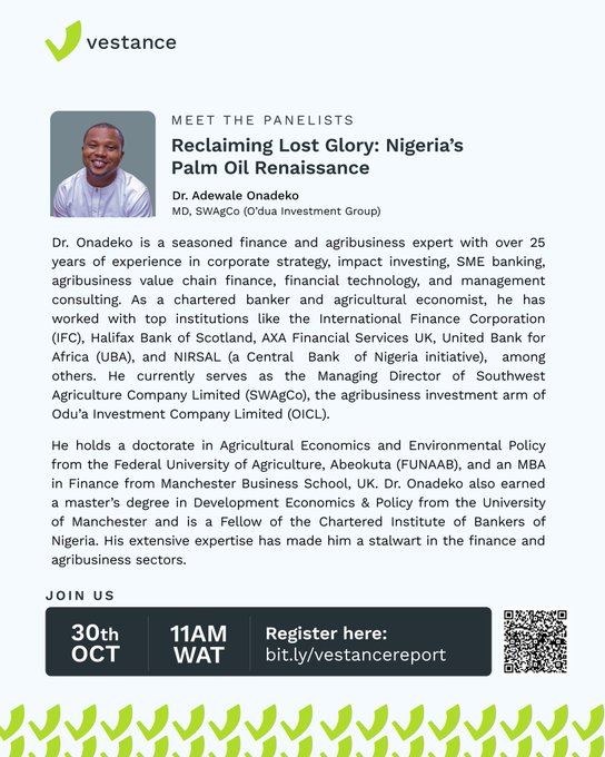 vestanceng's tweet image. @Vestanceng's Chinwe Abuwa introduces the panelists as we dive into the panel session. We have experts representing different points in the value chain of the palm oil and agricultural value chain. 

Join the panel here: meeting.zoho.com/meeting/regist…

#PalmOilReport