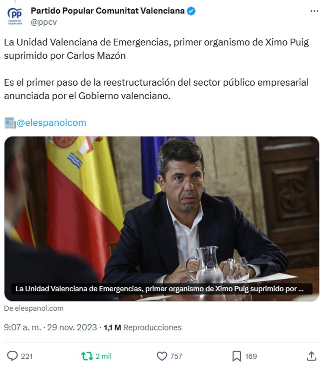 El tuit de la vergüenza. 

Presumieron de suprimir la Unidad Valenciana de Emergencias. 

Hoy hay, por lo menos, 51 muertos por la DANA. Esto es lo que pasa cuando eliminas los servicios públicos.