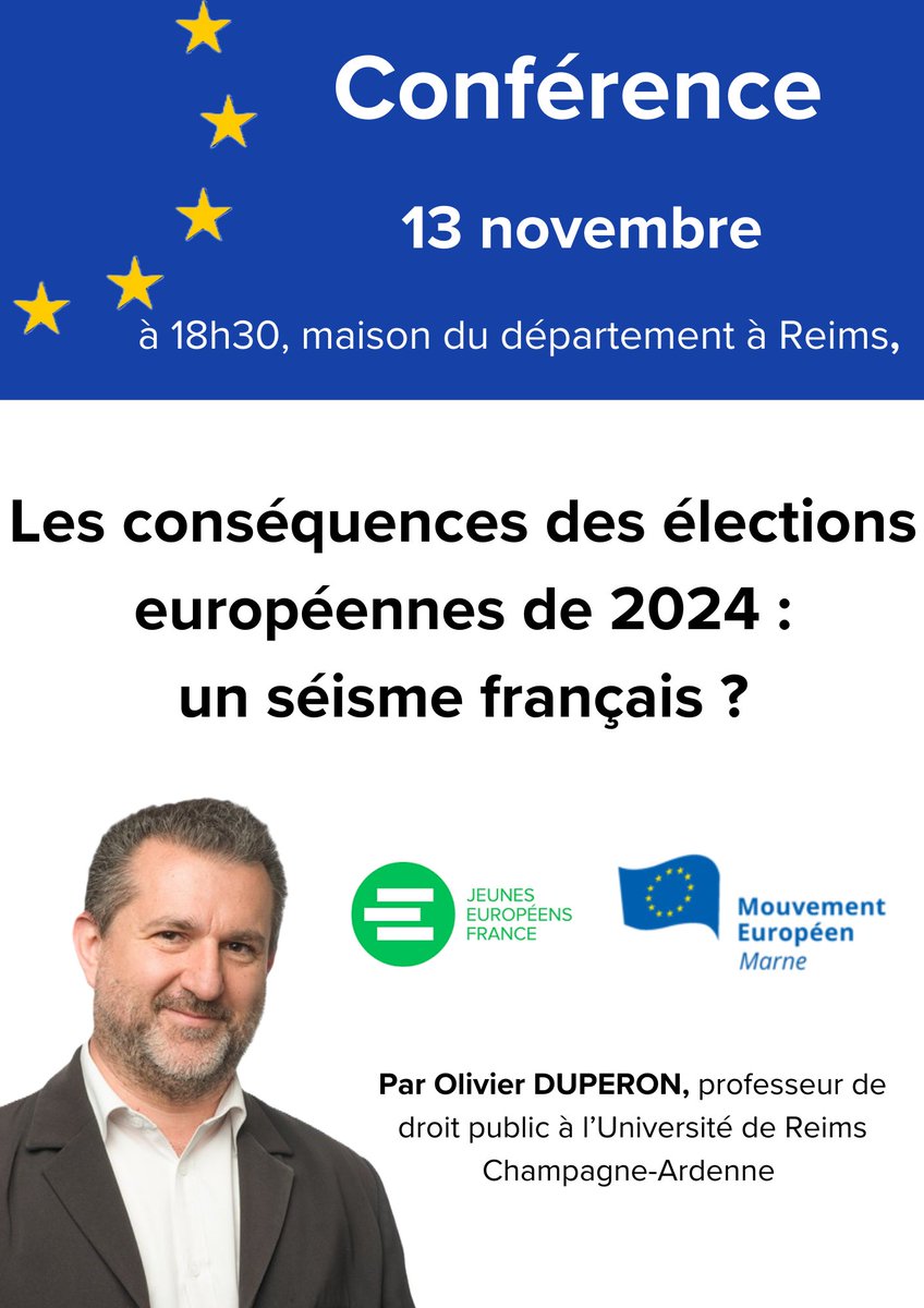 EDReims's tweet photo. 🇪🇺 @MEuropeen51 vous invite à une conférence sur les conséquences des élections européennes 2024, avec l'intervention d'Olivier Duperon, professeur de droit public à l'Université de Reims Champagne-Ardenne.
📅Lundi 13 novembre 2024 à 18h30
📍 Maison du Département, Reims https://t.co/eRqYQuoKVr