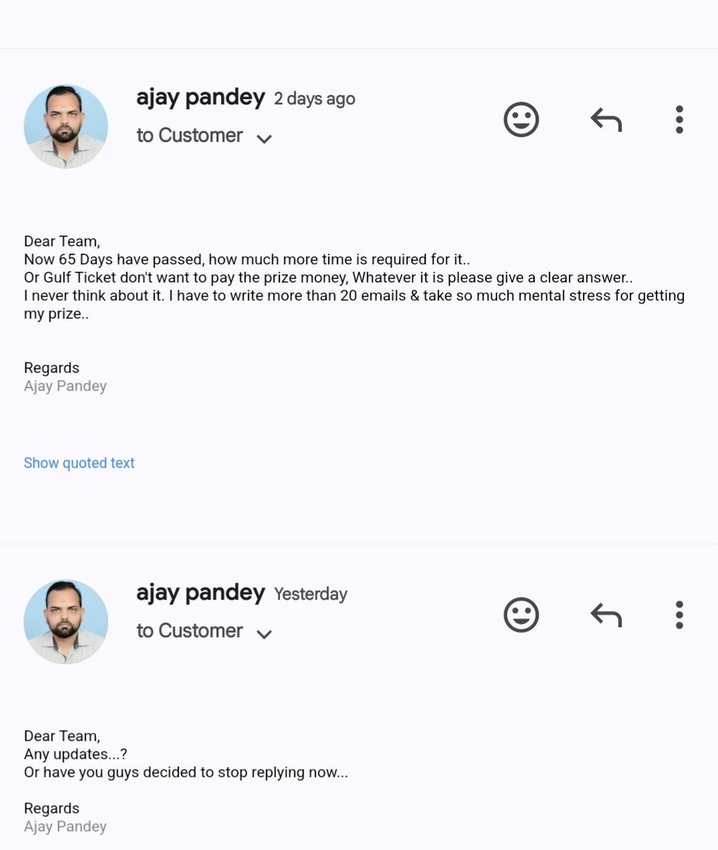 Ajay091286's tweet photo. @gulfticketindia @Gulfticket_ME Hello @gulfticketindia @Gulfticket_ME 
Could you please tell me how much more time required for it... Or I accept that Gulf ticket is not genuine it is a Scam who never give winner prize... Because your customer care has stopped to reply me .. https://t.co/QiVMr136ZB